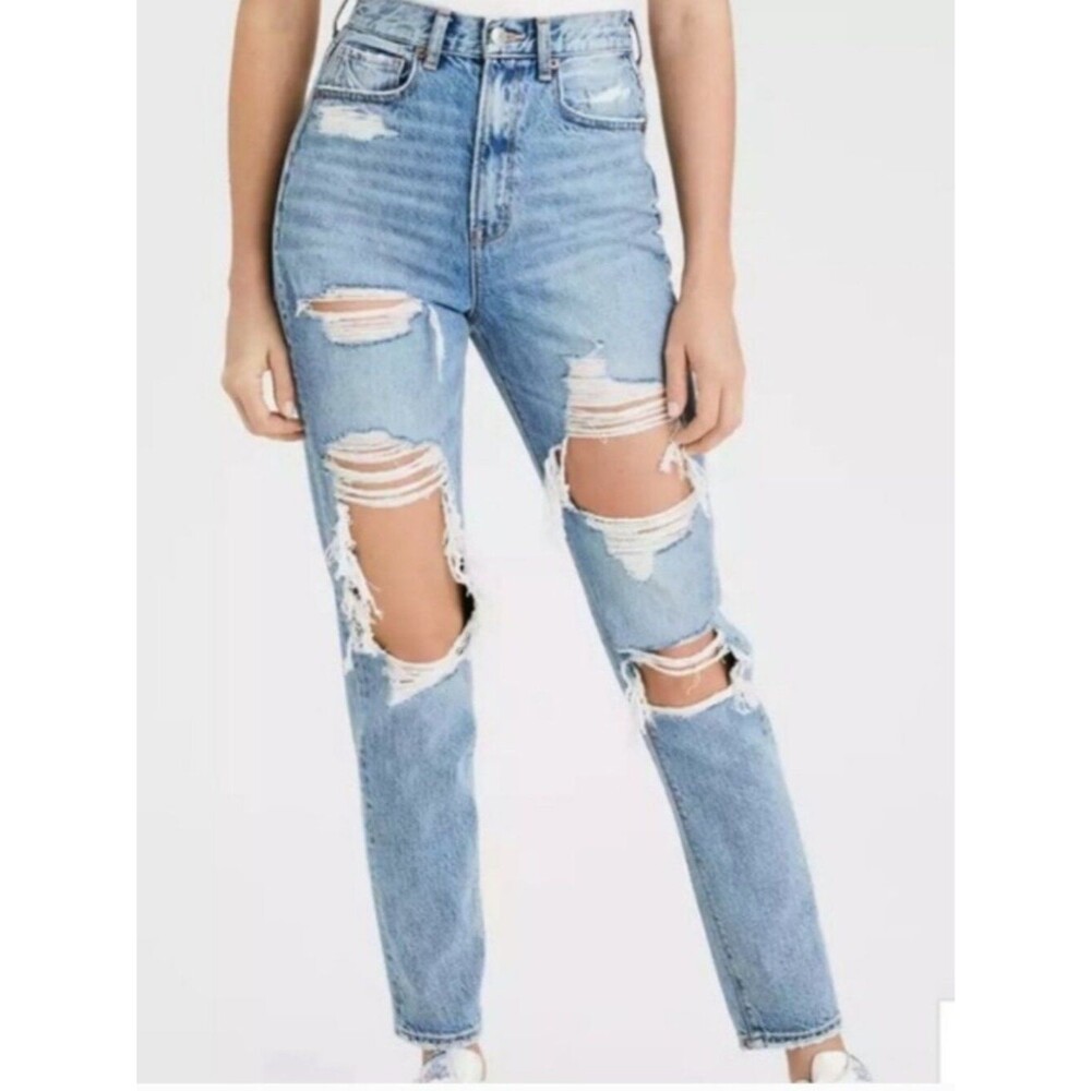 American Eagle Highest Rise Mom Jean Medium Light Wash Denim Jeans Size 12 Long